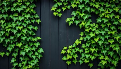 Lush green ivy climbing a black wooden wall, leaving central space Natural beauty, botanical wallpaper, natural, wall