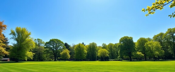 Fototapeta premium Lush green park bathed in sunlight, clear blue sky overhead Serene, peaceful spring/summer scene, clouds, flora