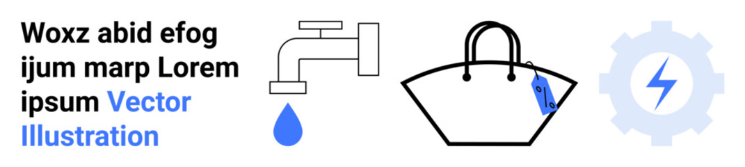 Faucet dripping water beside handbag with tag and gear symbol for innovation and practicality. Ideal for sustainability, water conservation, eco-friendly design, product innovation, environmental