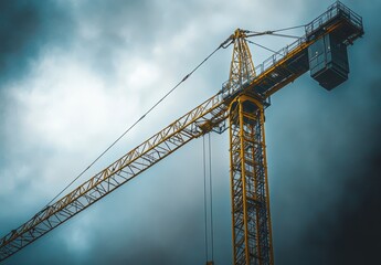 Tower crane against moody storm clouds showcasing construction machinery in industrial urban setting with dramatic lighting effects