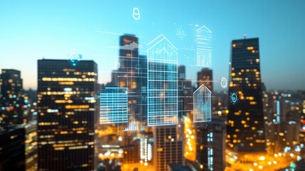 Naklejka premium Smart city development innovation urban landscape digital architecture metropolitan area aerial view future concept