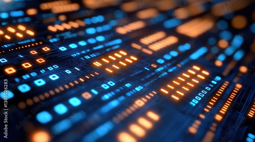 Poster futuristic circuit board glowing with binary code