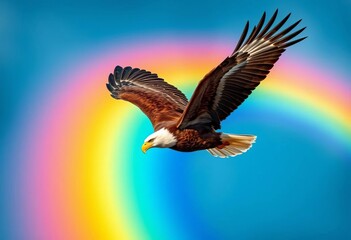 Obraz premium Majestic eagle in flight through vibrant rainbow, symbolizing freedom, hope, soaring