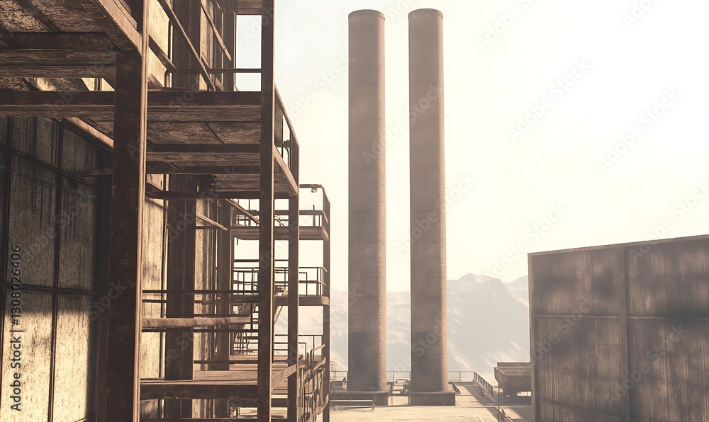 Poster large industrial factory scene featuring smokestacks and metal structures, suitable for various comm