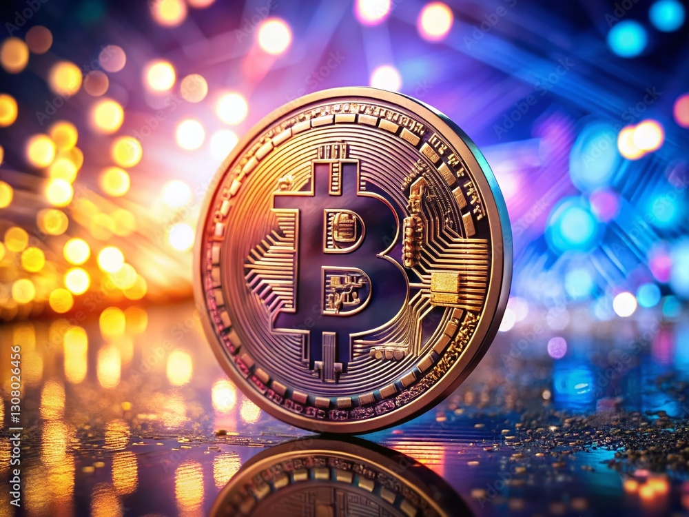 Poster bitcoin cryptocurrency coin with bokeh background - isolated digital currency image