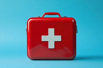 Fototapeta premium Compact red first aid kit with white cross symbol. Minimalist pop art style. Emergency health supplies. Essential for urgent medical care. Modern design. Lifesaving tools 32k Resolution