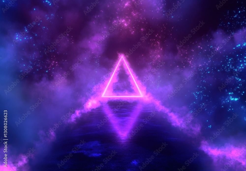 Poster triangular neon light structure in cosmic fog with vibrant colors reflecting in still water under st