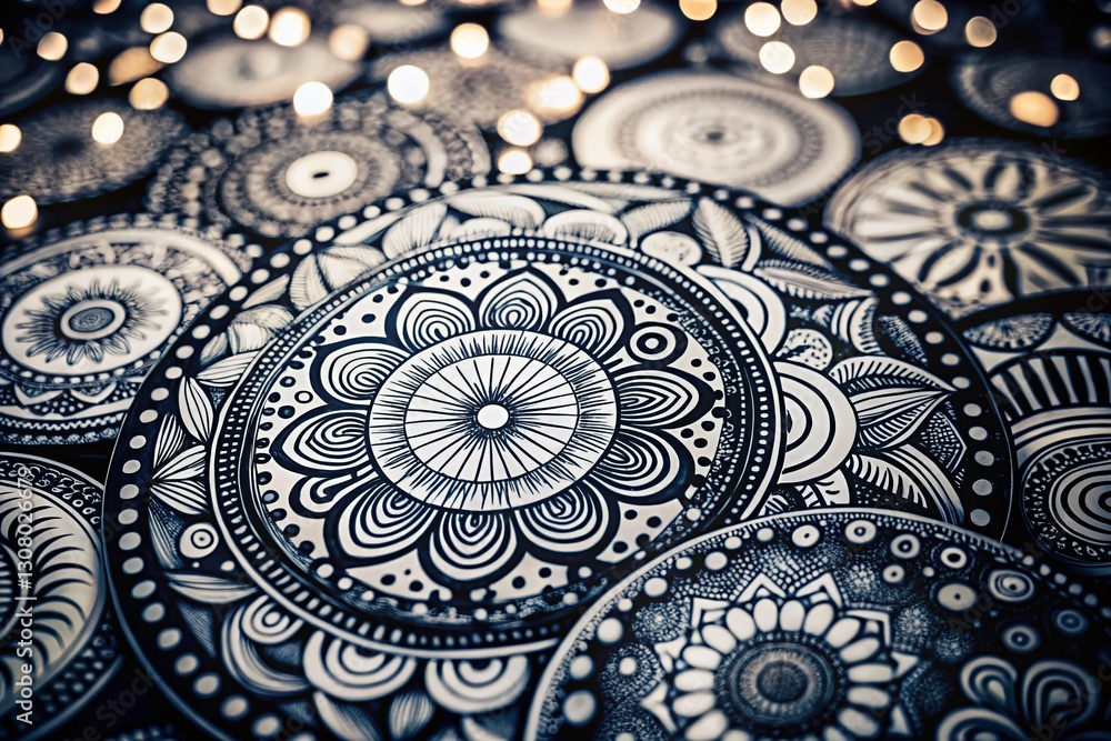Poster black and white circle printmaking texture bokeh background - abstract art design