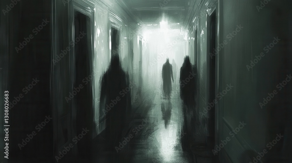 Poster eerie corridor filled with ghostly figures and flickering light creating a chilling horror atmospher