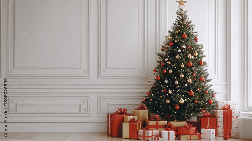 Poster white surface showcasing a festive christmas tree with an array of gifts placed beneath it