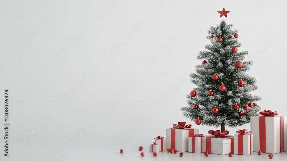 Poster white surface showcasing a festive christmas tree with an array of gifts placed beneath it