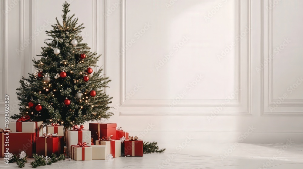 Poster White surface showcasing a festive Christmas tree with an array of gifts placed beneath it