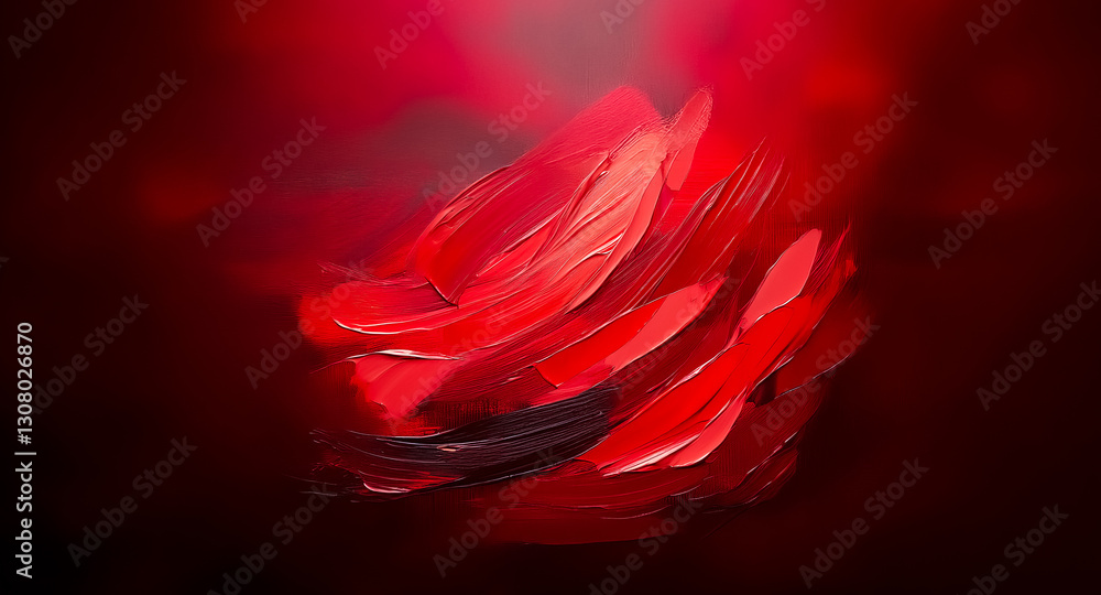 Poster abstract red shape with flowing, dynamic brushstrokes against a dark backdrop, creating depth and mo