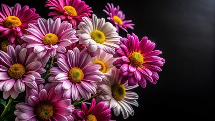 Fototapeta premium Black and White Marguerite Daisies Top View on Black Background - Stock Photo