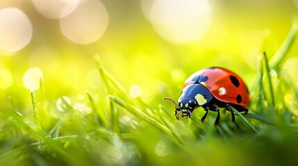 Vibrant ladybug on green grass in macro close up
