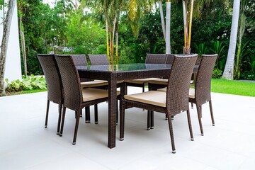Obraz premium Outdoor wicker dining set with glass table and chairs in garden settings.