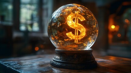 A glowing dollar sign inside a crystal ball, suggesting themes of financial future and fortune. Money concept theme background. Illuminated Crystal Ball with Dollar Sign: Fortune and Finance Concept
