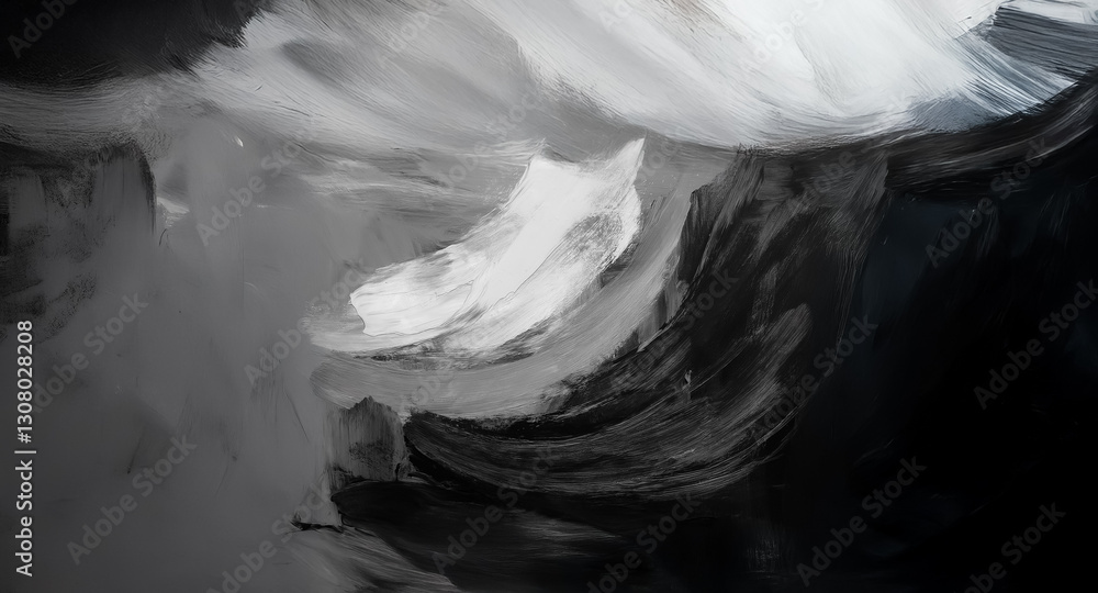 Poster abstract art with dynamic white and grey brushstrokes on a dark backdrop. expressive, flowing and vi