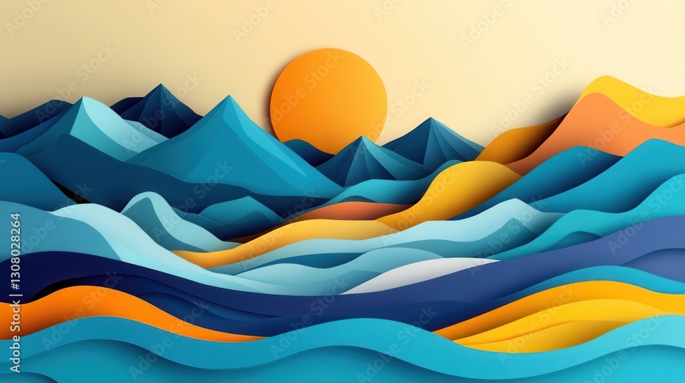 Poster vibrant layered paper art landscape featuring rolling waves, mountains, and a warm sun in dynamic co
