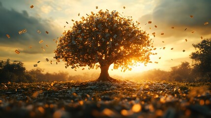 A digital art depicting a tree made of money with dollar bills falling from its branches at sunset. Symbolizing financial success and wealth. Money concept theme background. Golden Money Tree 