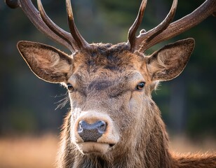 Fototapeta premium deer in the forest, close up photo of a deer's face with beautiful antlers