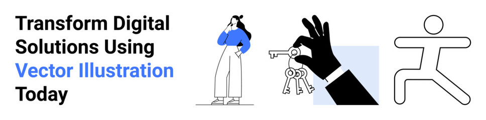 Woman pondering, hand holding keys, and dynamic stick figure running. Ideal for innovation, transitions, decision-making, opportunities, growth empowerment and creativity. Perfect flat landing page