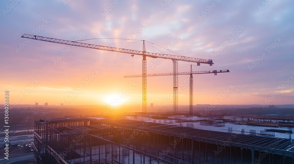 Poster large-scale construction site featuring a steel framework, ideal for architectural and engineering v