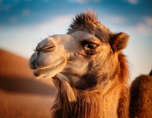portrait of a camel, close up photo of camel head in great detail