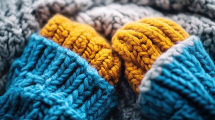 Knitted colorful winter hats arranged on textured soft fabric together