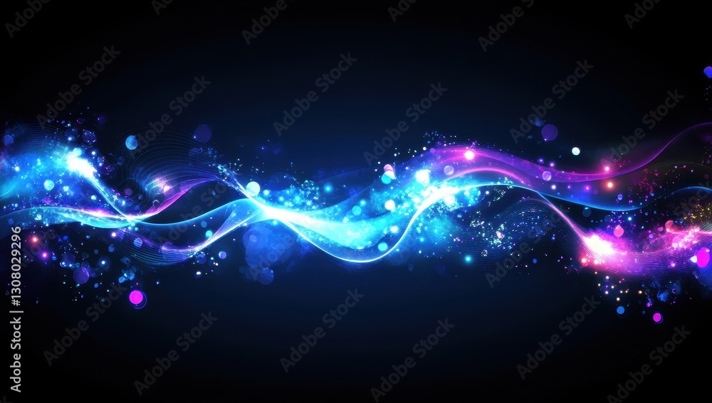 Poster vibrant abstract light waves with colorful particles and bokeh effect in dark background for artisti