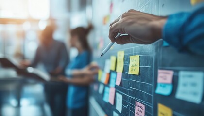 A project management team visualizing tasks with a Kanban board, Agile, Collaborative and organized