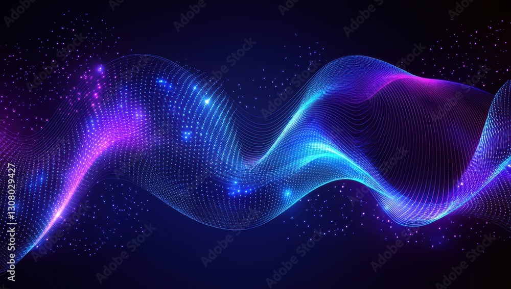 Poster vibrant abstract motion waves with glowing particles in a dark background for digital art and design