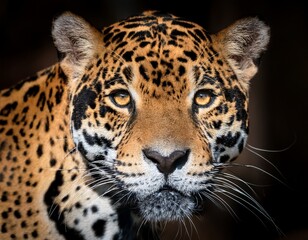 Obraz premium close up photo of a ferocious male jaguar's face, very detailed