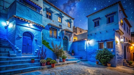 Fototapeta premium Blue House Facade, Chefchaouen, Morocco - Night Photography