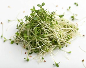 Sprouted alfalfa, healthy on white background
