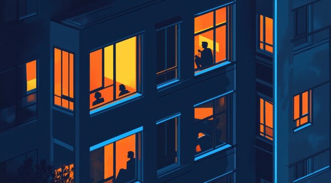 Fototapeta Isometric illustration of apartment windows at night, people in the rooms inside looking out to see what is going on outside, dark blue and orange color palette Generative AI