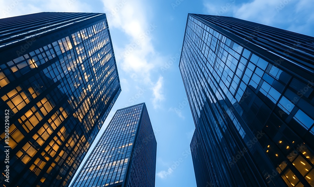 Poster low-angle view of skyscrapers highlighting architectural design and urban scenery.