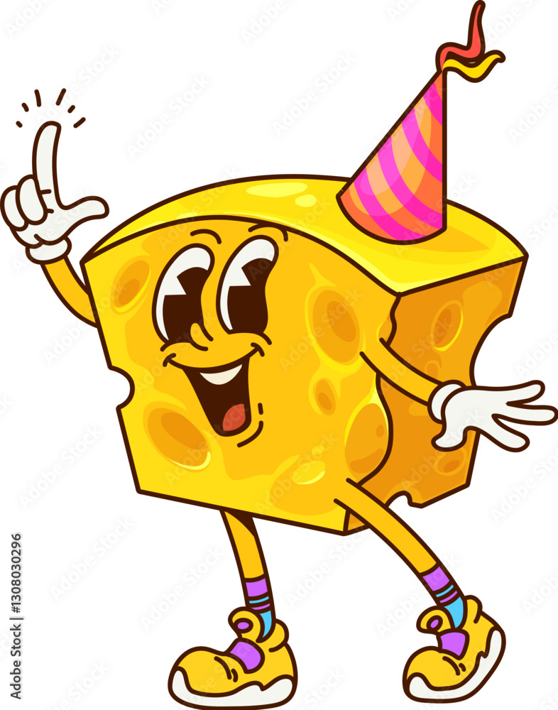 Poster groovy cheese character in party hat pointing up. isolated cartoon vector smiling dairy piece of che