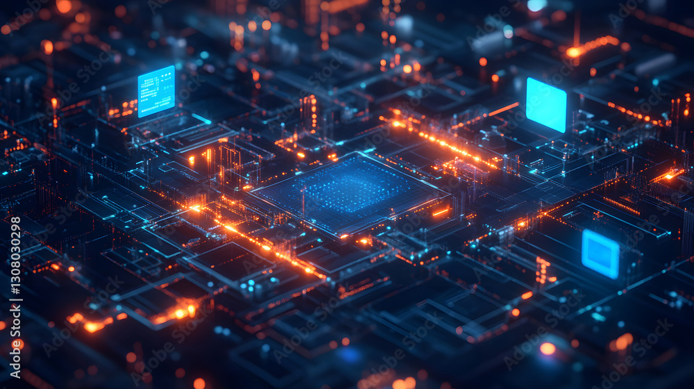 Poster abstract digital rendering of a complex circuit board depicting cryptocurrency technology. money con