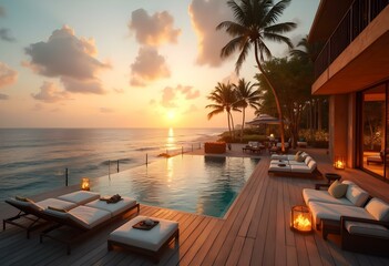 Fototapeta premium luxurious hotel outdoor lounge area overlooking a breath-taking sea view during sunset