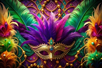 Obraz premium Bohemian Feather Mardi Gras Accents: Colorful Festive Background for Party Decor