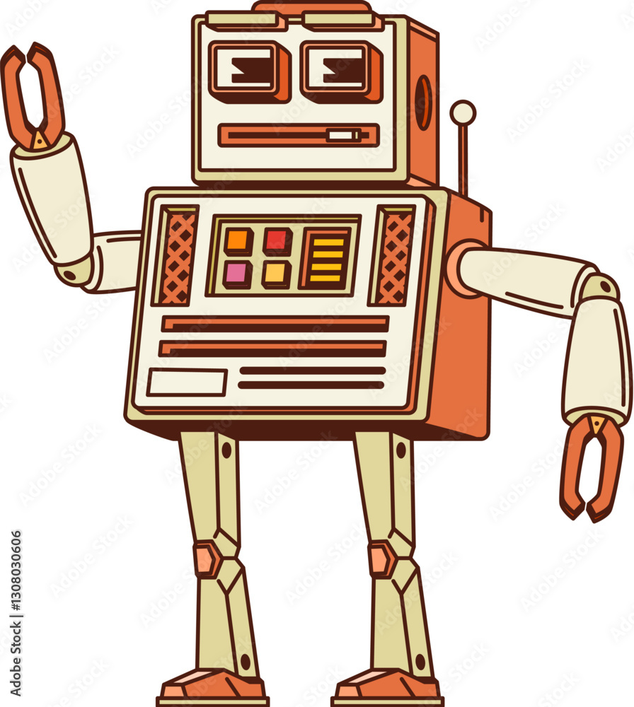 Fototapete cartoon groovy robot and droid character with squared body and retro futuristic appearance shows pea