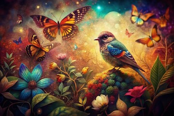 Fototapeta premium Boho Bird & Butterfly Textured Backdrop: High-Resolution Stock Photo