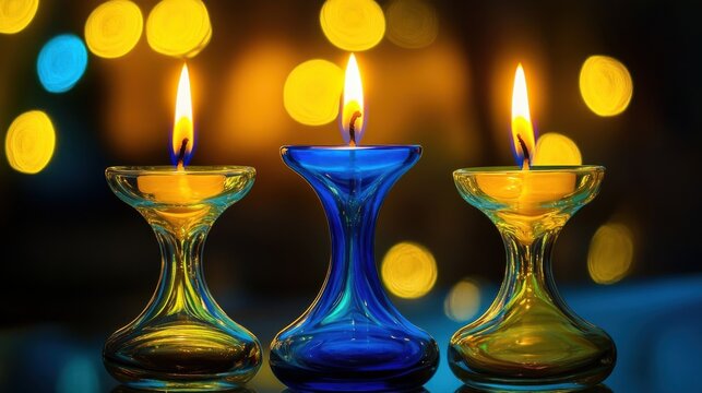 Three lit candles in colorful glass candle holders are burning