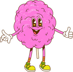 Groovy retro cartoon cotton candy or fast food sweet dessert, vector hippie character. Groovy candy floss or sugar cotton with funny smile on happy face with thumb up gesture for fast food dessert
