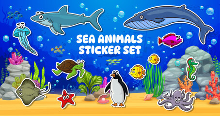 Cartoon sea animal characters stickers pack. Vector cute underwater whale, shark, turtle, octopus and seahorse, starfish, jellyfish, stingray, penguin and schools of fish on seafloor with coral reefs
