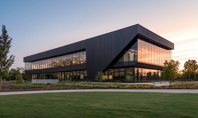 Obraz premium Low-rise commercial building featuring modern metal panels in a contemporary design.