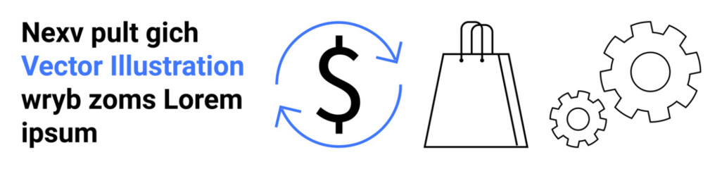 Dollar sign with rotation arrows, shopping bag, and gears representing financial transactions, shopping, and operations. Ideal for e-commerce, finance, trade, business strategy efficiency retail