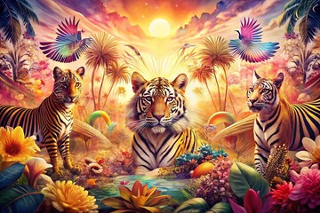 Obraz premium Boho Chic Panoramic Animal Print Backdrop: Vibrant Zebra, Leopard & Tiger Prints for Lifestyle Photography