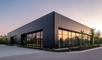 A low-rise commercial building featuring modern metal panels in an urban setting.